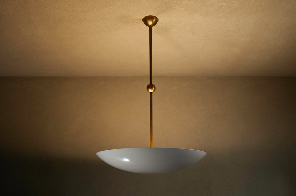 Handcrafted dish pendant by Transmitt. Mid-Century Inspired, Aged Brass. Made in Australia.