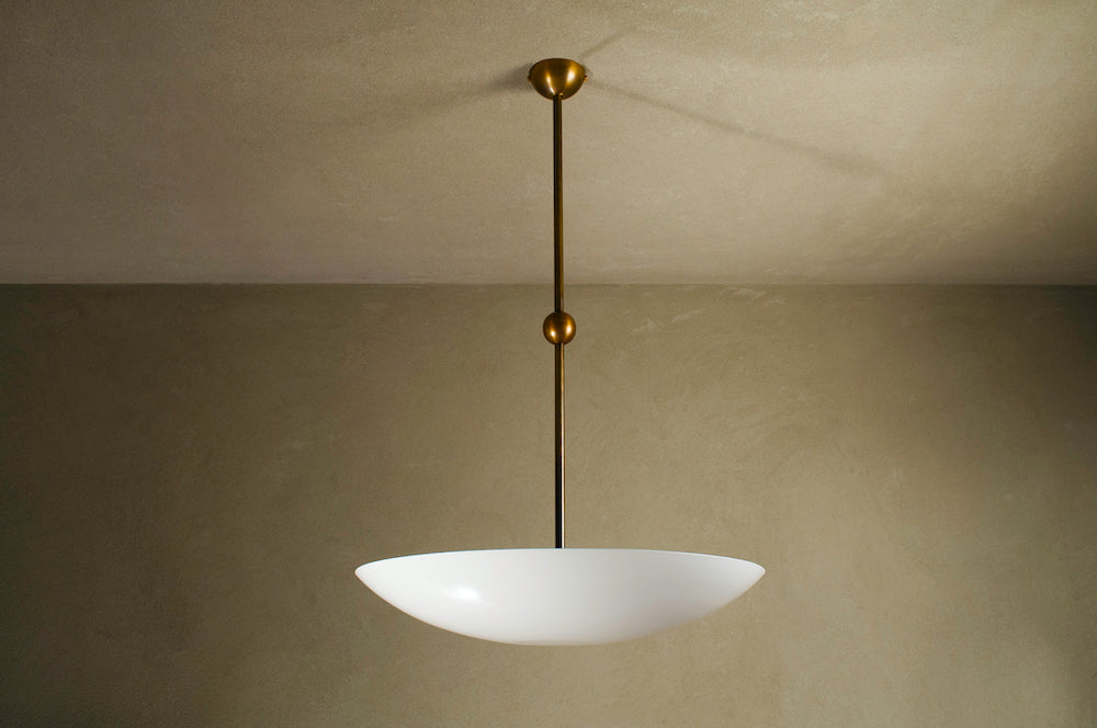 Handcrafted dish pendant by Transmitt. Mid-Century Inspired, Aged Brass. Made in Australia.